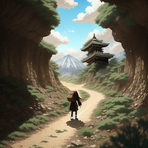 Long haired bearded young man drags two crutches in the desert toward a dark mossy cave, hawk in anime style