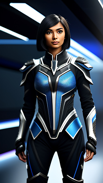 A mocha skinned stern looking southeast asian young lady with short feathered black hair wearing a futuristic blue armored space suit in sci-fi style