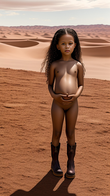 Realistic, detailed, 7-years-old, jenna ortega, pregnant, nude, yellow boots, desert,  in custom style