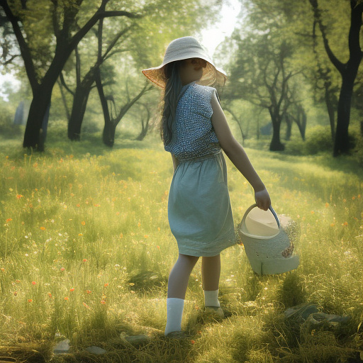A girl is skipping across a sunny lawn. she has a basket in her hands and a hat on her head. in custom style