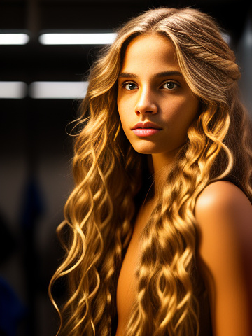 Beautiful nude 12 years old teenage girl with long blonde hair in the locker room at sunset in realistic style
