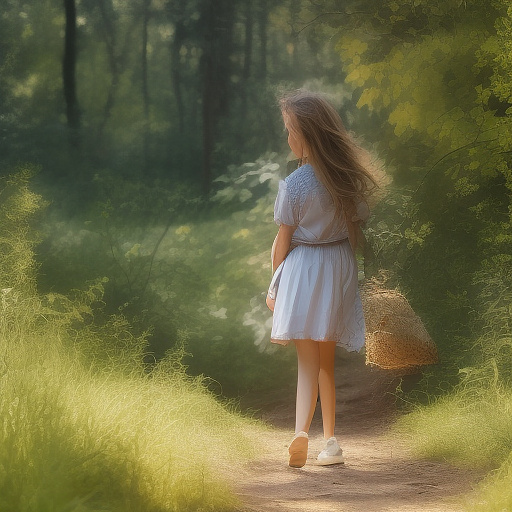 A 9-year-old girl is walking along a forest path. it's evening. she has a basket in her hand. view from behind. in custom style