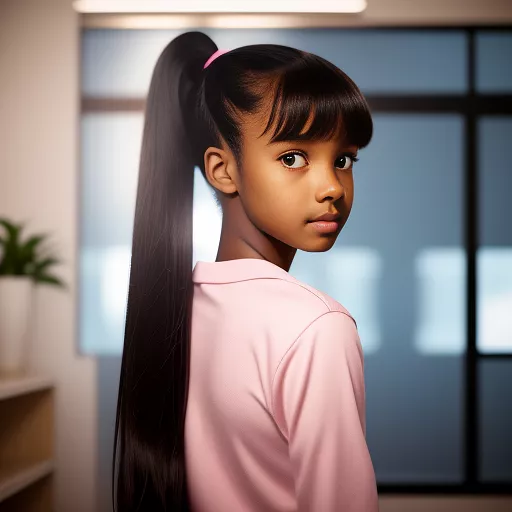 Black girl, 11 years old, tall, a little bit of muscles, hair in 1 ponytail, very dark brown hair, many pimples, brown eyes, pink unicorn longsleeve shirt, jeans, 
 in anime style