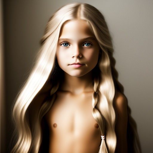 9-year-old american white girl, long blonde hair, naked in custom style