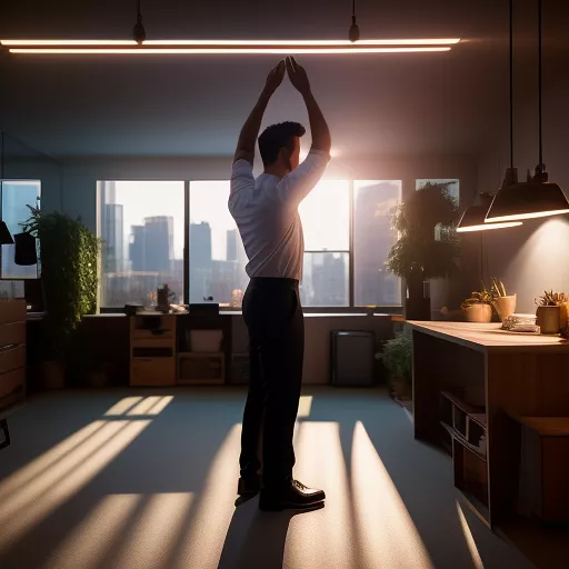 A man (standing on his hands) in an office with thier desks and full lighting in design kitchen style