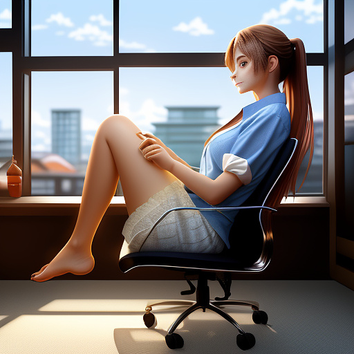 A hot woman is sitting on a chair, leaning back and putting her feet on the table. at this moment, the camera is focused entirely on the soles of her feet, as a person smaller than her soles is looking at her. in anime style