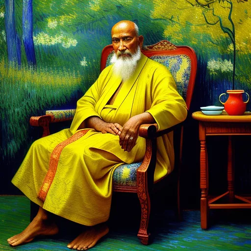 An old monk wears a very logn yellow dress and si on his chair in neo impressionism style