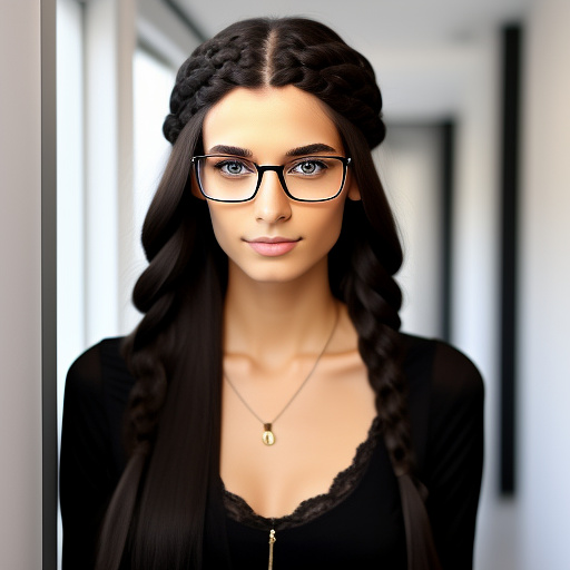 A 22 year old german girl with a black braid with glasses and brown eyes 1.70 tall thin in sexy clothing in custom style