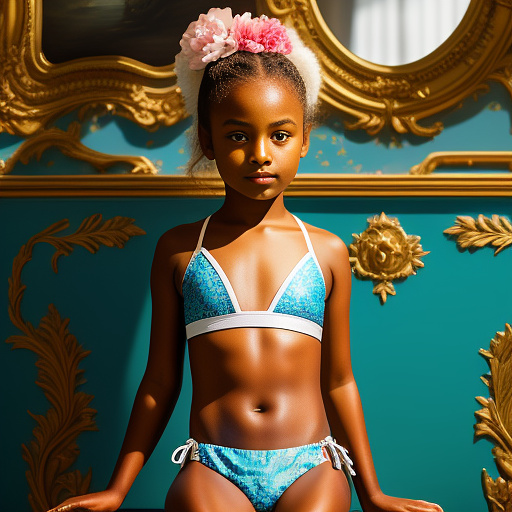10 year old girl and the details of her body are sexy wearing tight and light bikini, sitting and spreading her legs up and make it realistic and acceptable  in rococo style