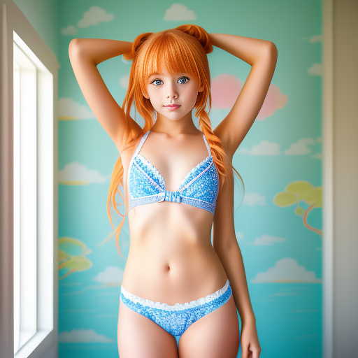 Little girl in camera, whit shorts and swim bra, curbing her body.
orange hair and her hands up fot tie the hair.
show legs
 in anime style