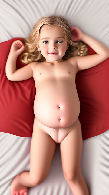 Realistic, detailed, 6-year-old blonde girl, in red peach dress, pregnant, laying in bed, top down full body view, red blush, right hand on belly   in custom style