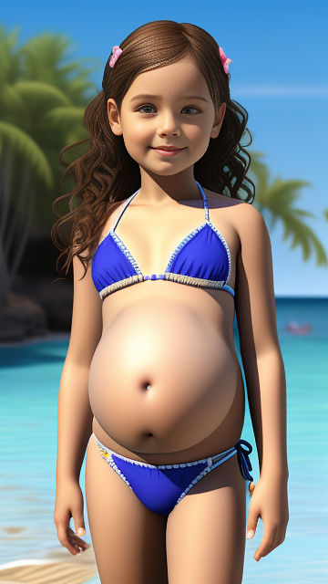 Realistic, detailed, 5-year-old girl, wearing bikini, pregnant  in custom style