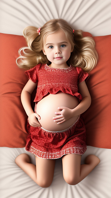 Realistic, detailed, 6-year-old blonde girl, in red peach dress, pregnant, laying in bed, top down full body view, right hand on belly   in custom style