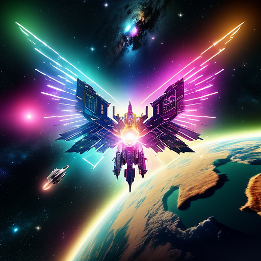 A cheerful transformer flies through space against the backdrop of planets. in angelcore style