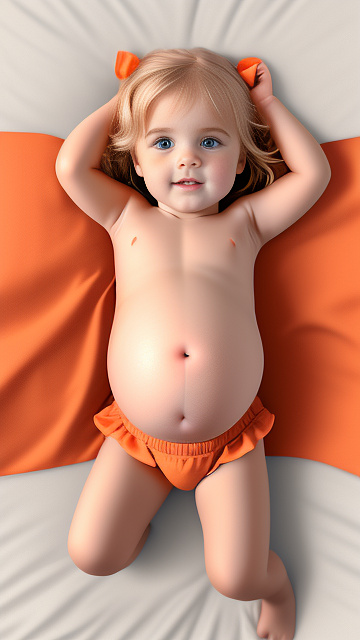 Realistic, detailed, 4-year-old blonde girl, in orange dress, pregnant, laying in bed, top down full body view, red blush, right hand on belly   in custom style