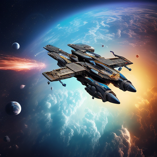 A cheerful transformer flies through space against the backdrop of planets. in sci-fi style