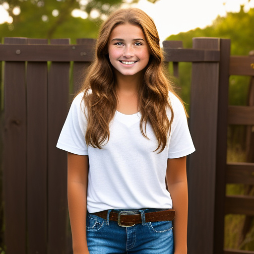 Extremely attractive 13 year old very youthful, happy, country girl with brown hair and big breasts, and a freckled face wearing a really loose, dark brown, t-shirt with jeans, boots, and a belt standing in front of a wood fence with chipped, white paint. in custom style