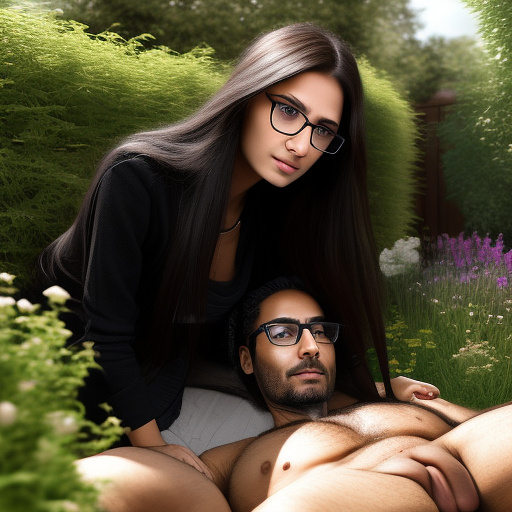 Ultra realistically a 22 year old girl with a black braid with glasses and brown eyes 1.70 tall thin in the garden a 40 year old man penetrates a detailed third person with his penis into her vagina in custom style