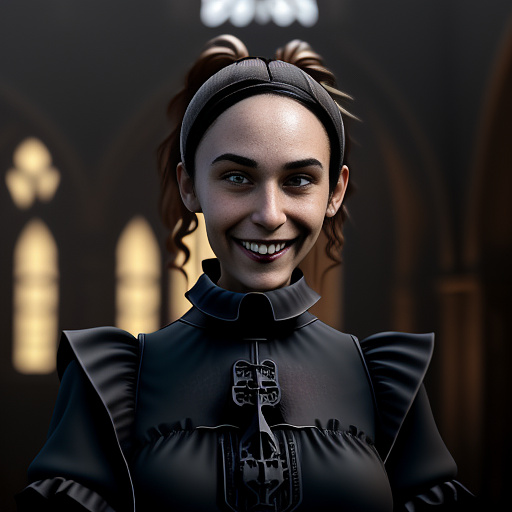 A young 16 year old girl with brown eyes and light brown hair tied into a thick ponytail. wearing a black shirt and a happy smile. 
 in gothic style