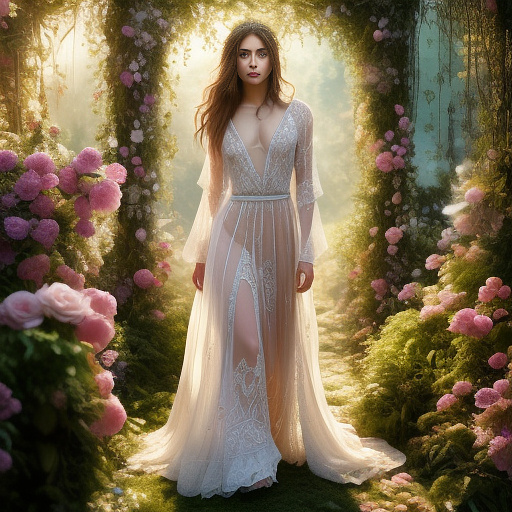 1girl, fairuza balk (age 18), stunning detailed eyes, sheer airy gown with flower embroidery, nude underneath, walking through a well tended flower garden, midday, full body shot, 1990s, (best quality,4k,8k,highres,masterpiece:1.2),ultra-detailed,(realistic,photorealistic,photo-realistic:1.37),hdr,uhr,studio lighting, ultra-fine painting,sharp focus,physically-based rendering,extreme detail description,professional,vivid colors,bokeh,portrait
 in angelcore style