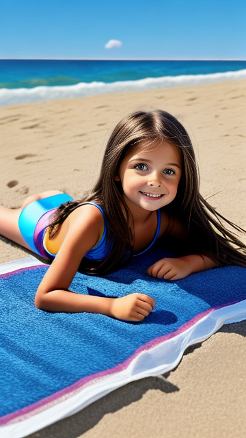 Realistic, detailed, 6-year-old girl, long brown hair, full-body, tight-fitting blue swimsuit, laying on the beach, see between her legs, tummy, one leg raised, in custom style