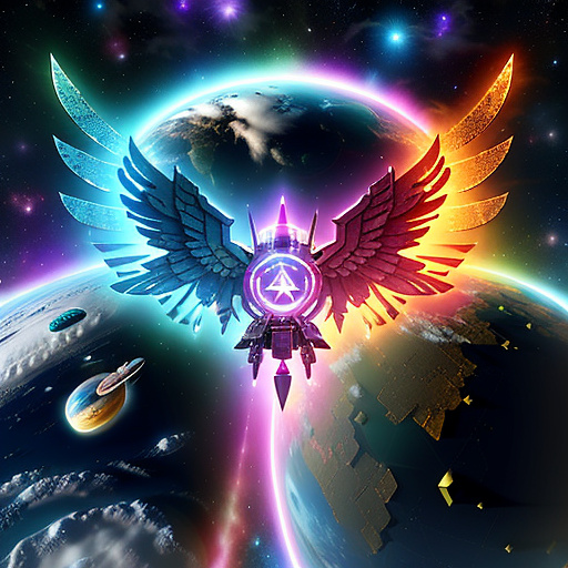 A cheerful transformer flies through space against the backdrop of planets. in angelcore style