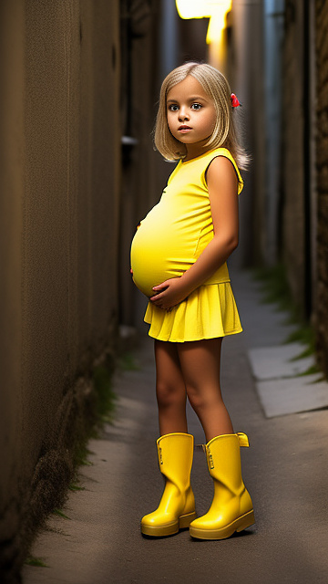 Pregnant, 7 years old, blonde girl, backalley, nude, yellow boots, front view, in custom style
