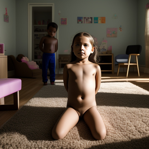 Ultra realistically a 9 year old girl naked in the living room and a 40 year old man naked in custom style