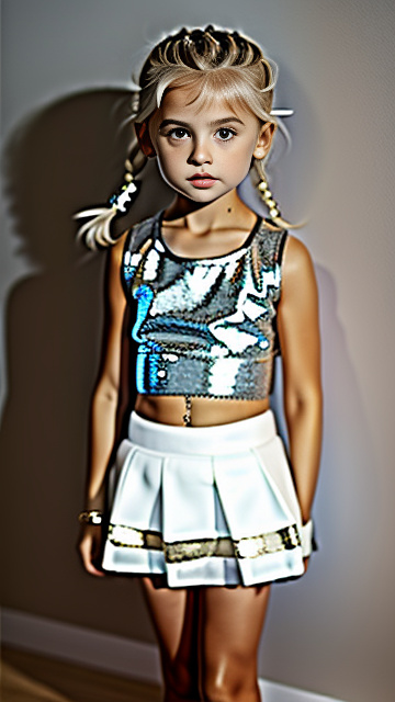 White 6 year blonde girl, cop top mini skirt, 6 year old body. in custom style
