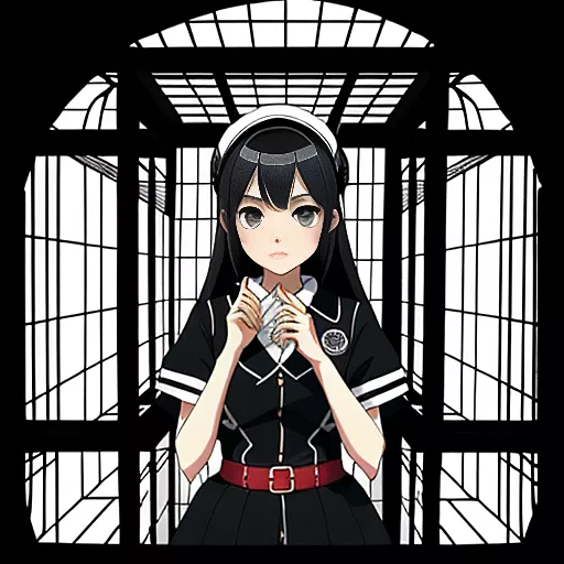 I am locked up in a cage. i am wearing a striped black and white uniform. i have handcuffs on. in anime style