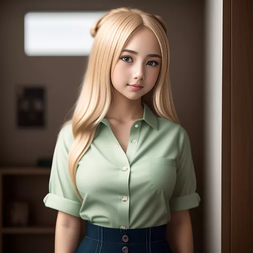 
 anime girl with blonde hair and really green eyes in a shirt with buttons that are about to burst at the top lumps in anime style