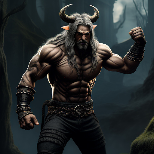 A buff gray-skinned vampire man with horns with rope tied around his arms and fists and long hair in darkfantasy style