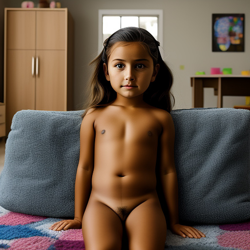 Ultra realistically a 9 year old girl naked in the living room in custom style
