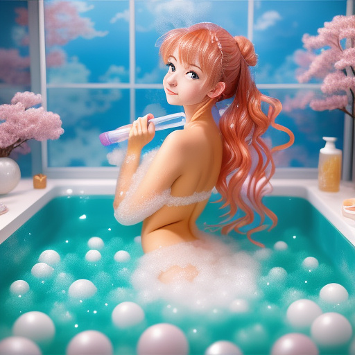 Woman taking a bubble bath with lots of bubbles in anime style