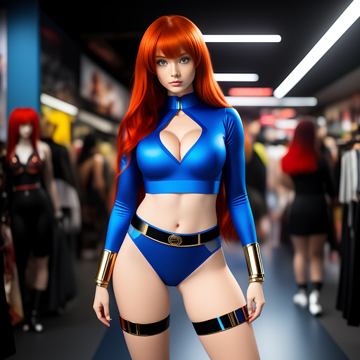 Redheaded super heroine with blue eyes wearing a skimpy outfit and a power belt  in anime style