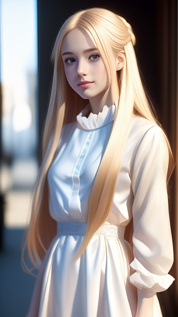 Very pale woman, very cute, wearing a leather collar, beautiful swedish woman, 18 years old, portrait, very pale skin, princess, dress, warm lighting, blonde hair, petite, happy, wearing princess dress in anime style