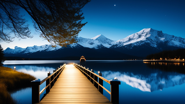 On lake pier overlooking wide blue hazy lake with snow capped mountains in the distance on a dark night in custom style