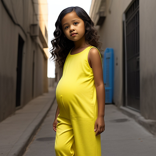 7 years old, pregnant, jenna ortega, yellow jumpsuit, backalley  in custom style