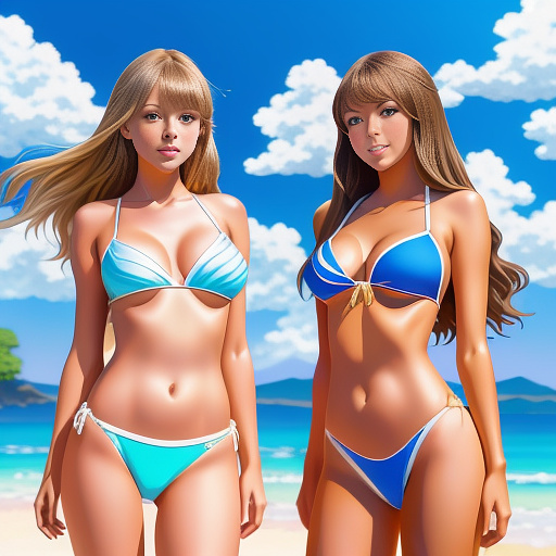 Taylor swift and olivia rodrigo in bikinis in anime style