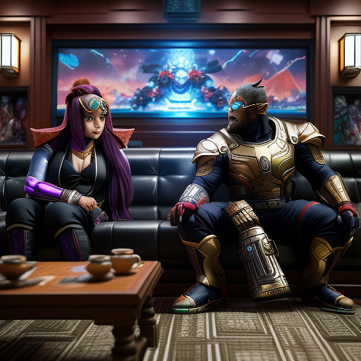 Ladybug, the female superhero, and thanos, with his infinity gauntlet with its glowing stones, from the marvel universe, are sitting on a carpeted couch in a crowded traditional iranian restaurant, having a wrist-throwing match on a low-standing table, while people are watching. in anime style