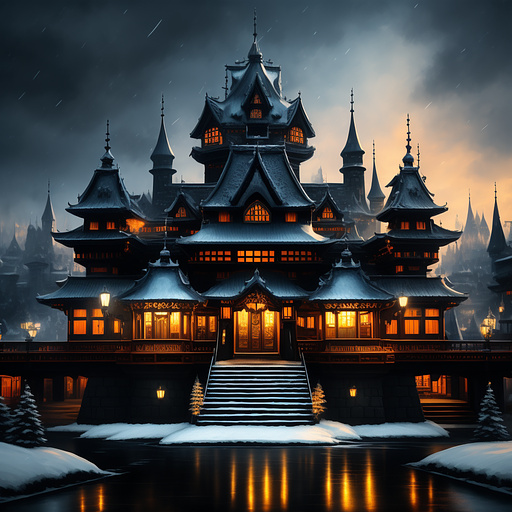 Dark castle in winter city in anime style