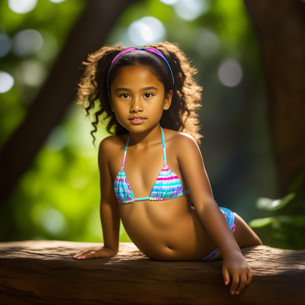 10 years old girl on a bikini,the girl is using shoes,cute girl in realistic style