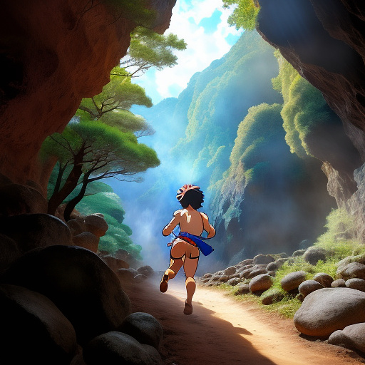 Boy in a loincloth running through a cave in anime style