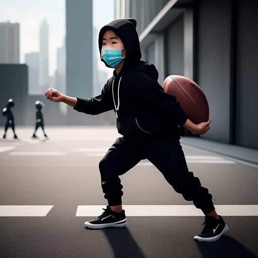 Hooded asian boy wearing black sweatpants and holding a football brawl stars style, wearing black mask in anime style