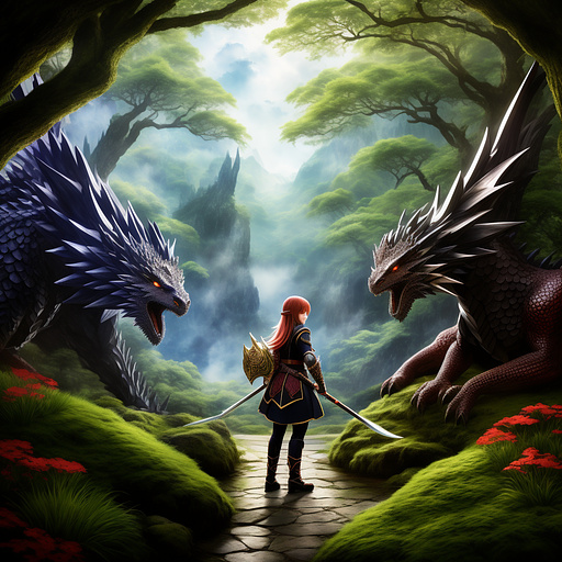 Female warrior standing in front of a dragon surrounded by a magical forest in anime style