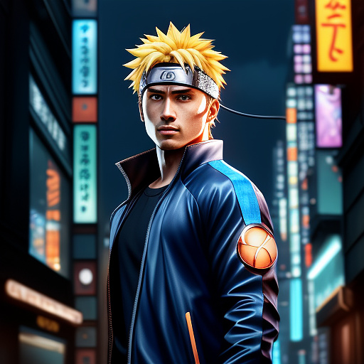 Realistic cyberpunk naruto uzumaki, teenage male with spiky blonde hair, glowing blue eyes, wearing a high-tech black and orange jacket with neon trims, futuristic headband with a digital konoha symbol, cybernetic facial tattoos, light stubble, urban tokyo night city backdrop with neon signs, rain-soaked streets, moody blue and purple lighting, realistic skin texture, cinematic detail, powerful and confident pose in anime style