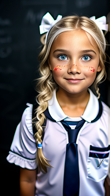 White, blonde, flirtatious facial expression , girl 9 years old, school outfit, in custom style