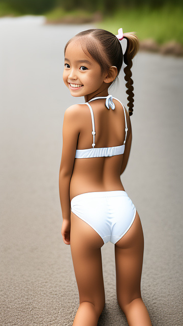 Realistic, highly detailed, 5-year-old , smile , wearing a white bikini  , bends over, rear view, sticking out bottom, pigtails ,thigh gap, ass up, looking back, look into the eyes, very anorexic legs, very anorexic wide crotch, incline, wide pussy, legs reed, thighs narrow, asian in custom style