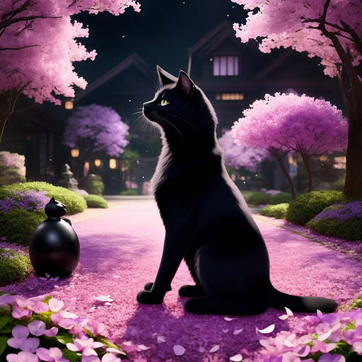 Violet petals scattered in background with black cat in anime style