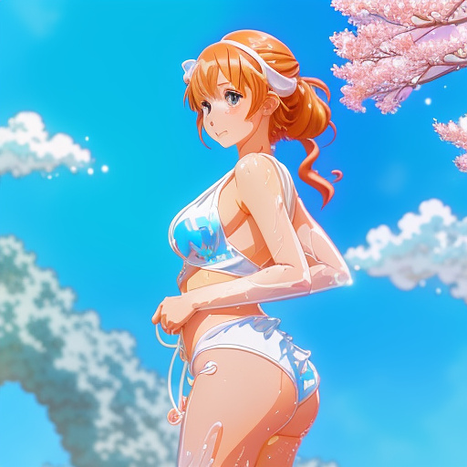 Baby wearing bikini with white goo on her in anime style